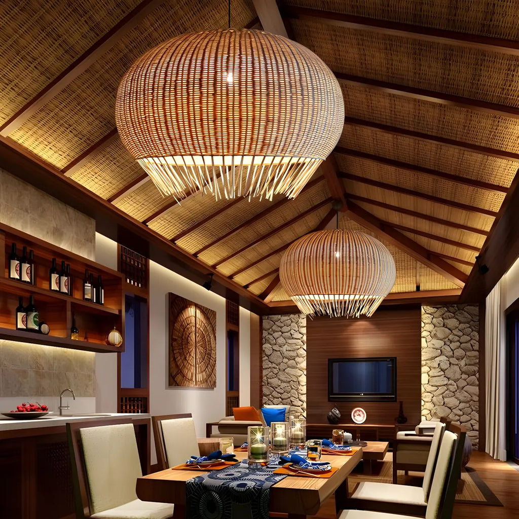 Sphere Oriental Rattan Beige Pendant Light for Kitchen Island