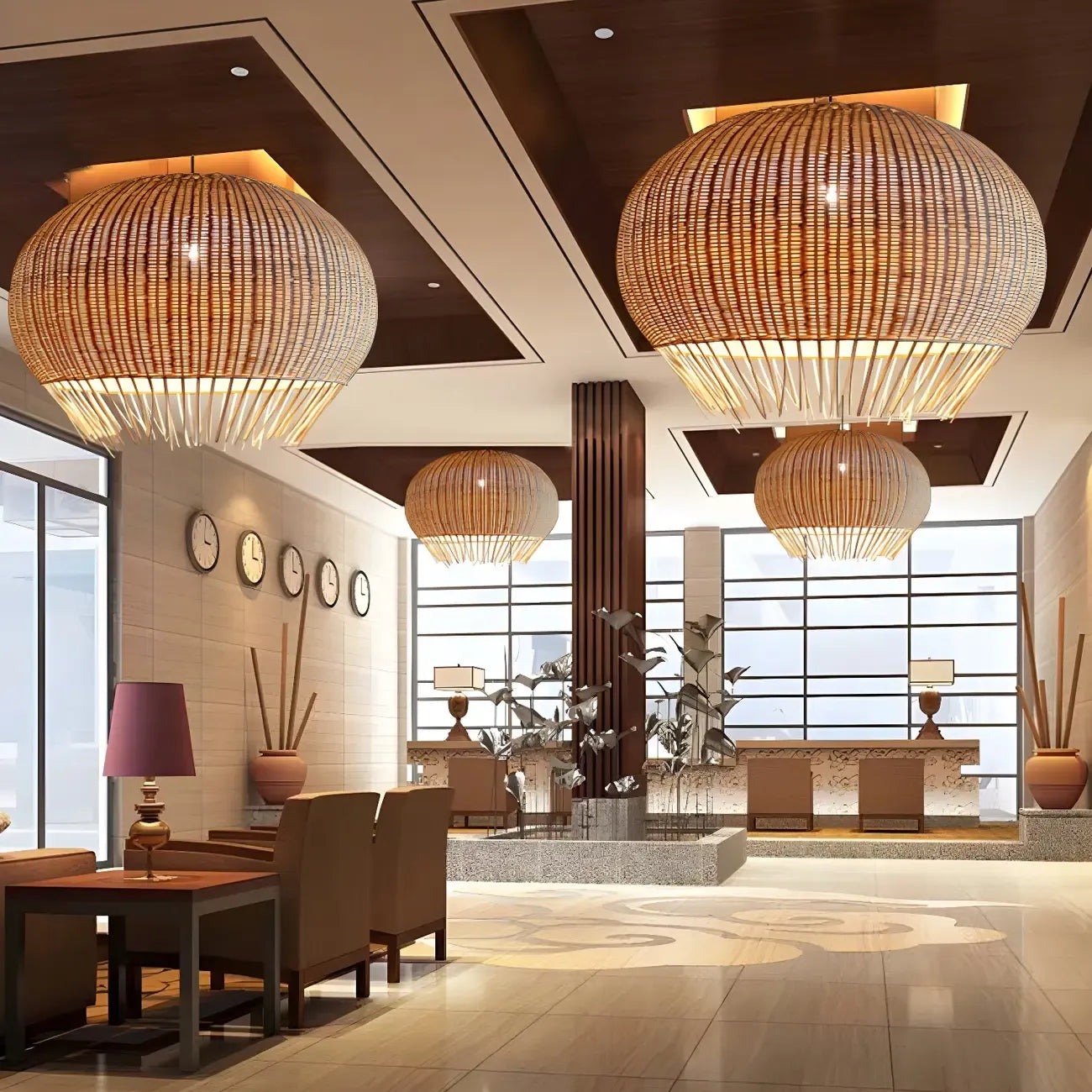 Sphere Oriental Rattan Beige Pendant Light for Kitchen Island