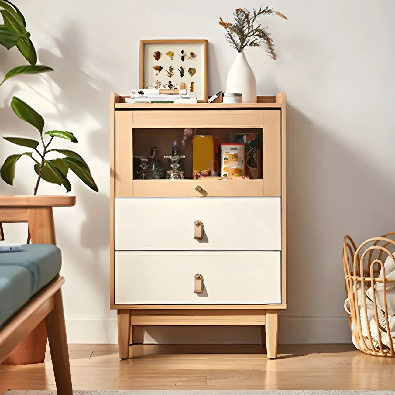 Minimalist Natural Wood and Glass Vertical Dresser