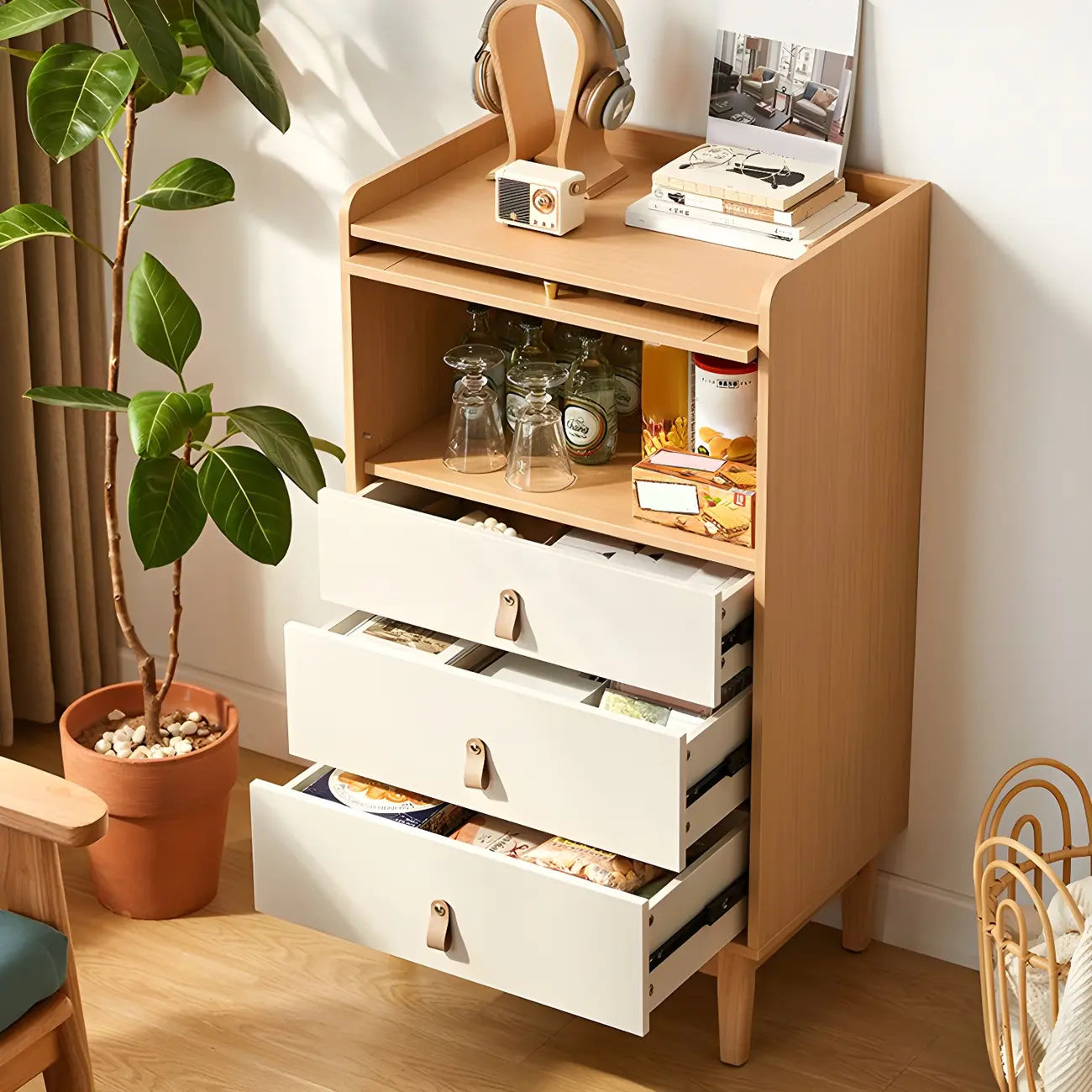 Minimalist Natural Wood and Glass Vertical Dresser