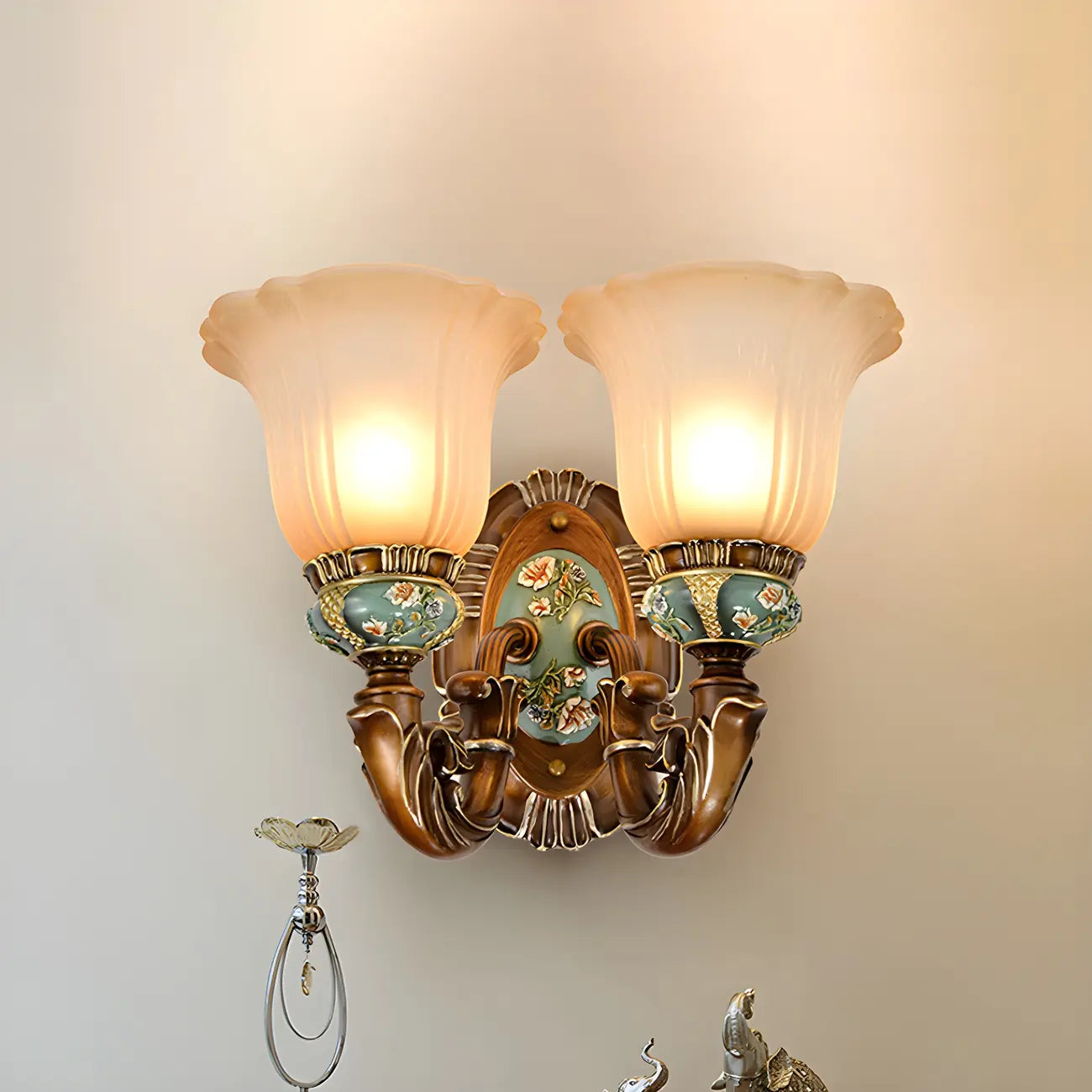 Vintage Glass Shade Peacock Green Wall Sconce