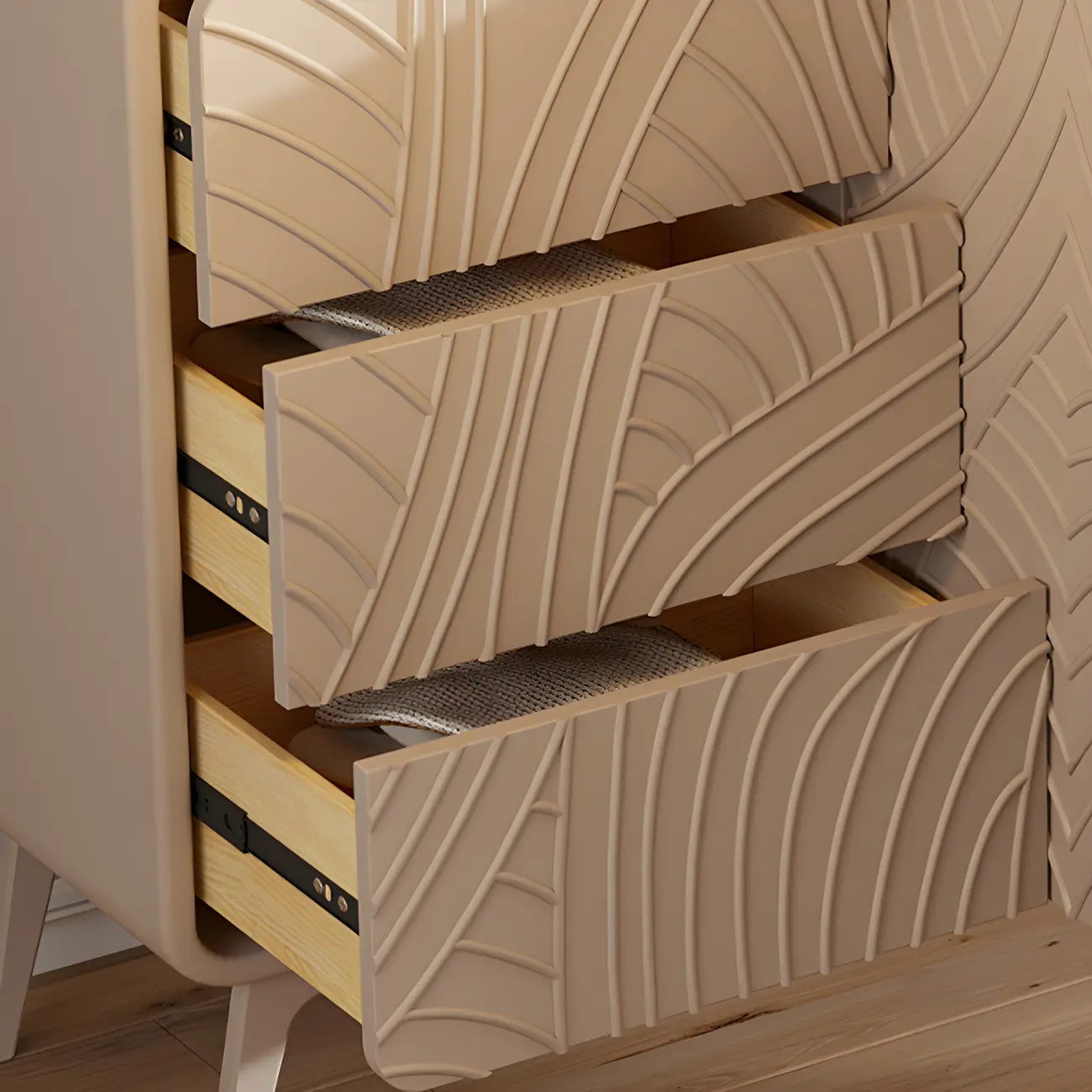 Glam White-Wood Protruding Lines Soft-Close Drawers Dresser