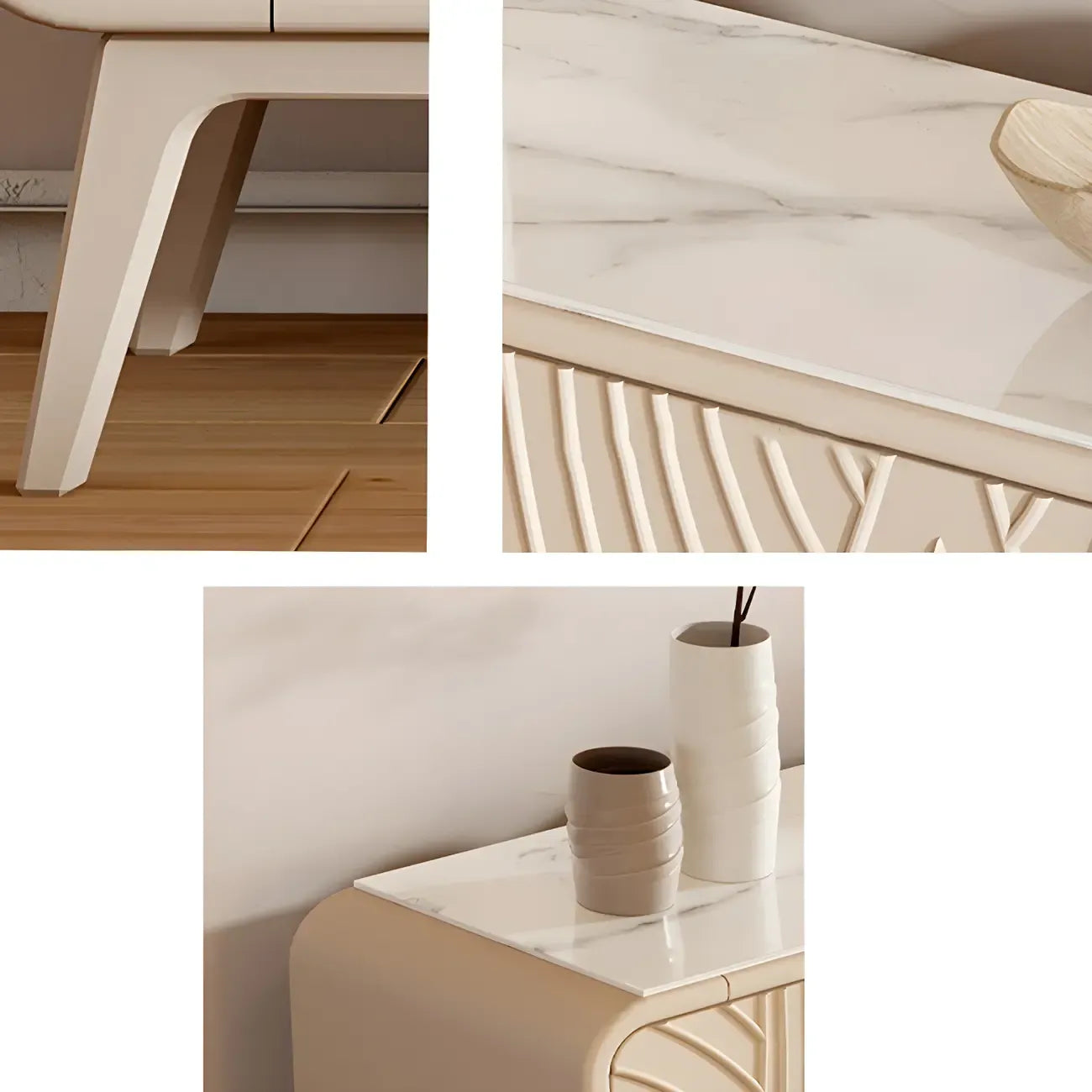 Glam White-Wood Protruding Lines Soft-Close Drawers Dresser