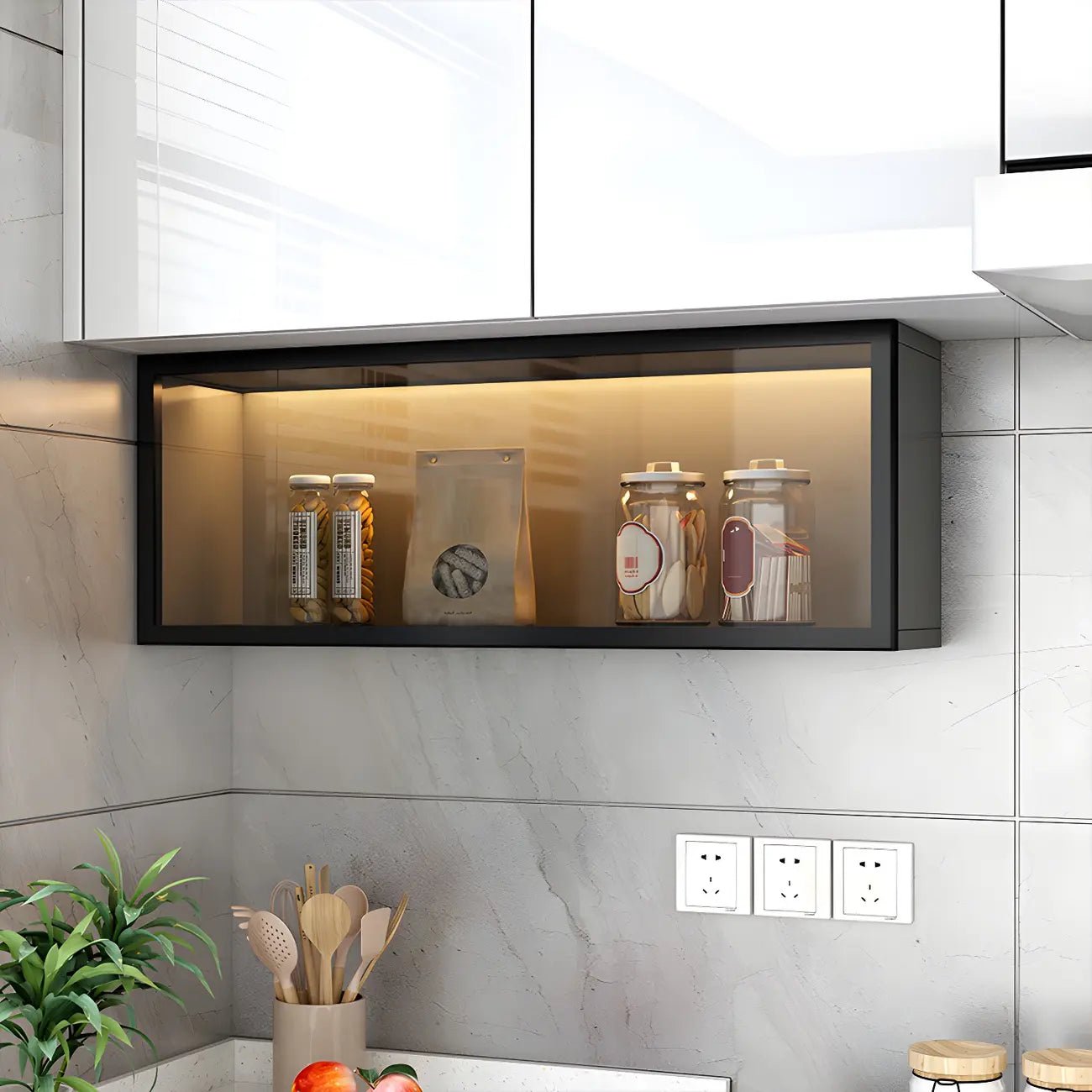 Kitchen Wood Wall Mounted China Cabinet with Glass Door