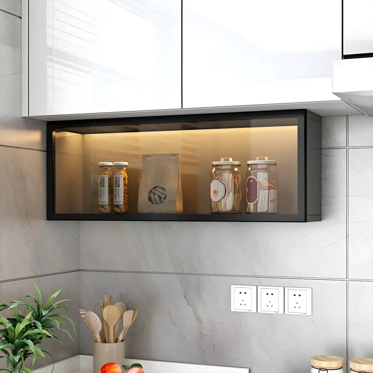 Kitchen Wood Wall Mounted China Cabinet with Glass Door
