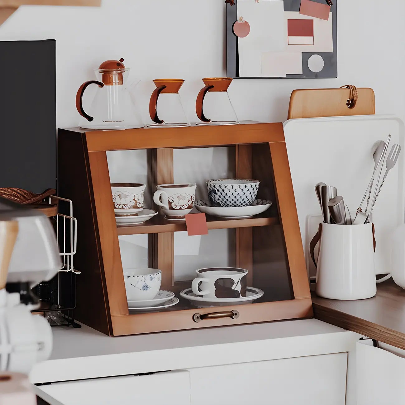 Wooden Ladder Display Cabinet with Sliding Glass Doors