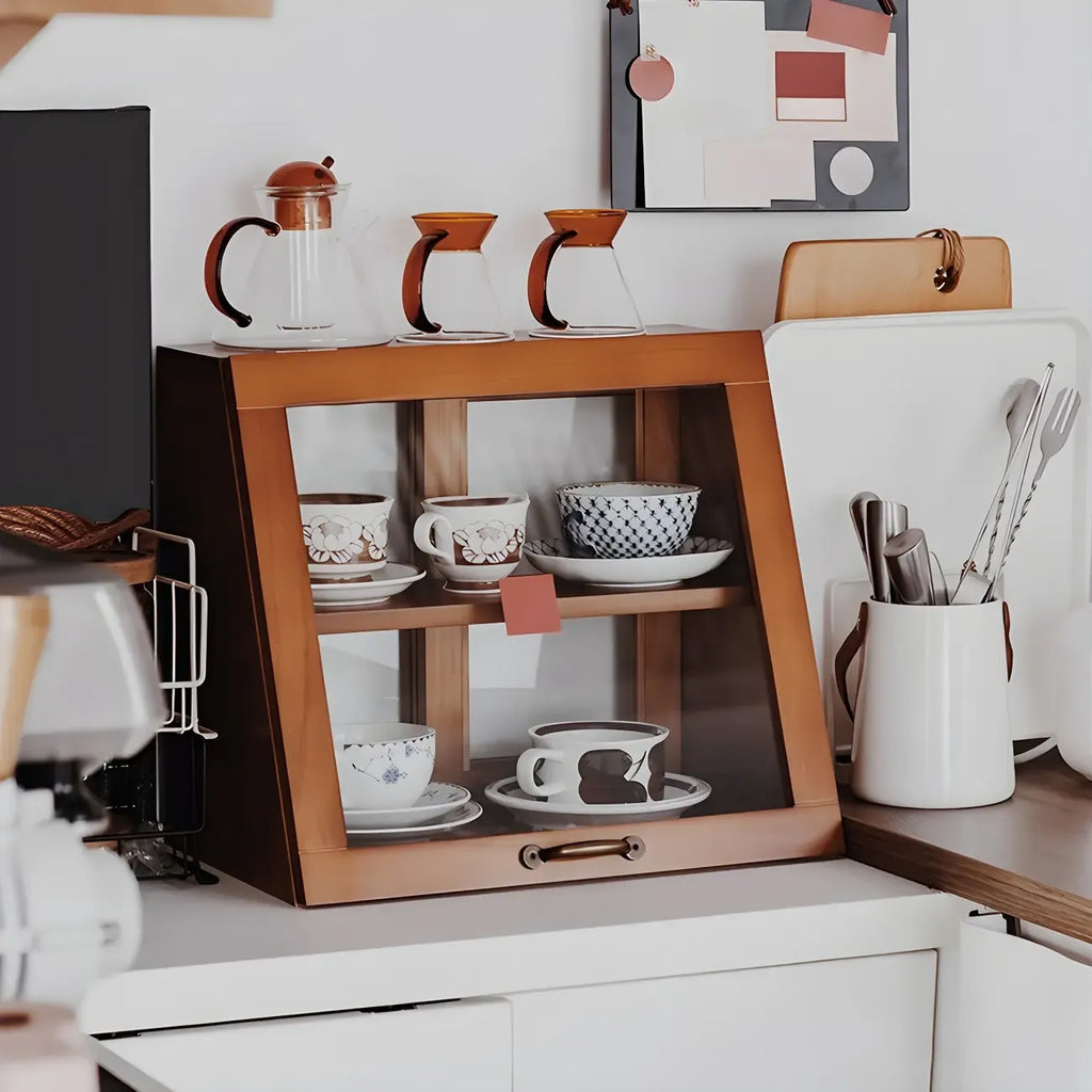 Wooden Ladder Display Cabinet with Sliding Glass Doors