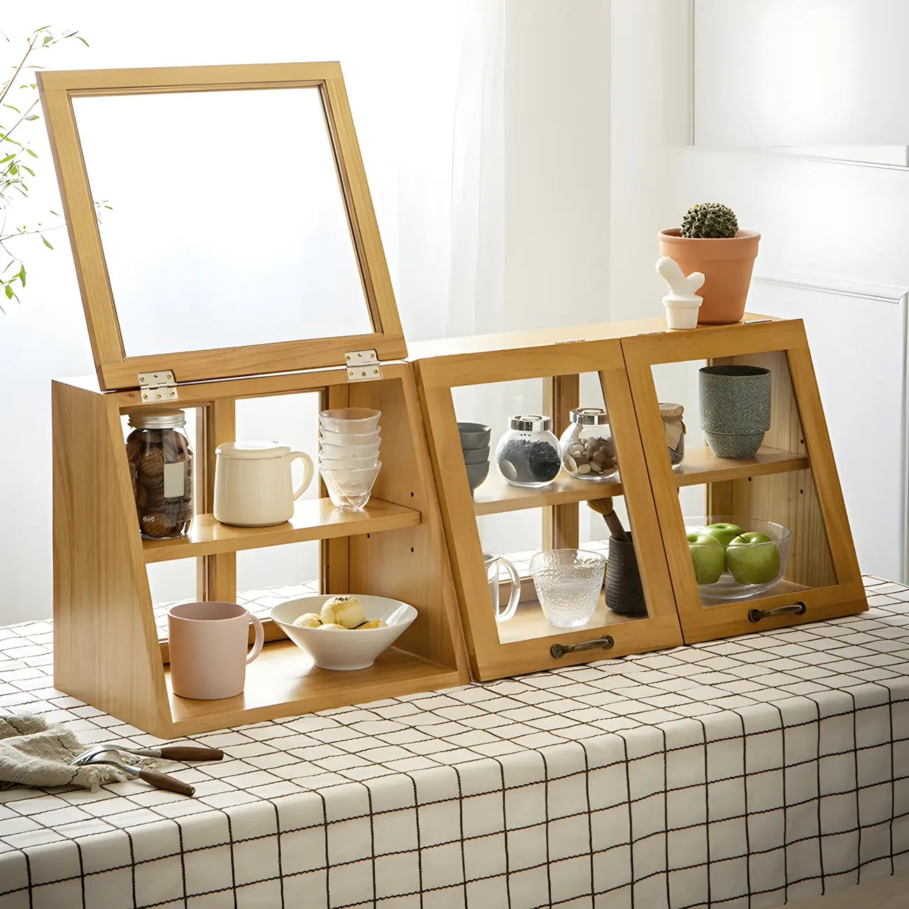 Wooden Ladder Display Cabinet with Sliding Glass Doors