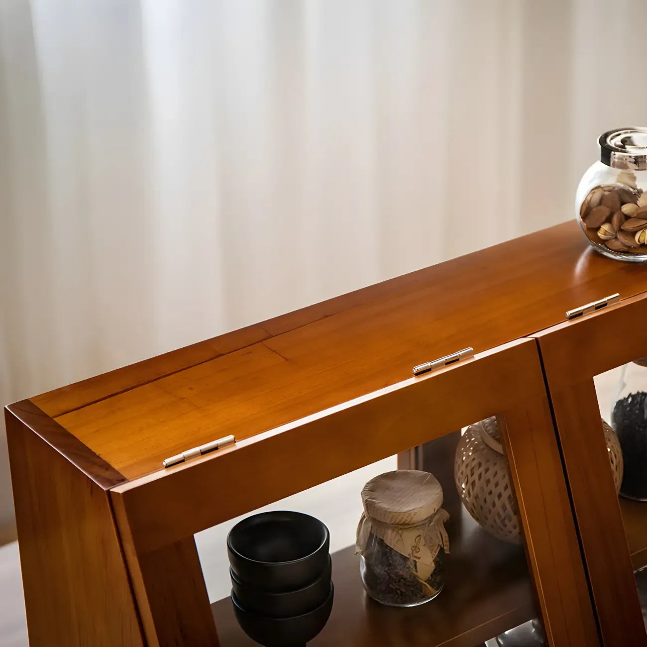 Wooden Ladder Display Cabinet with Sliding Glass Doors