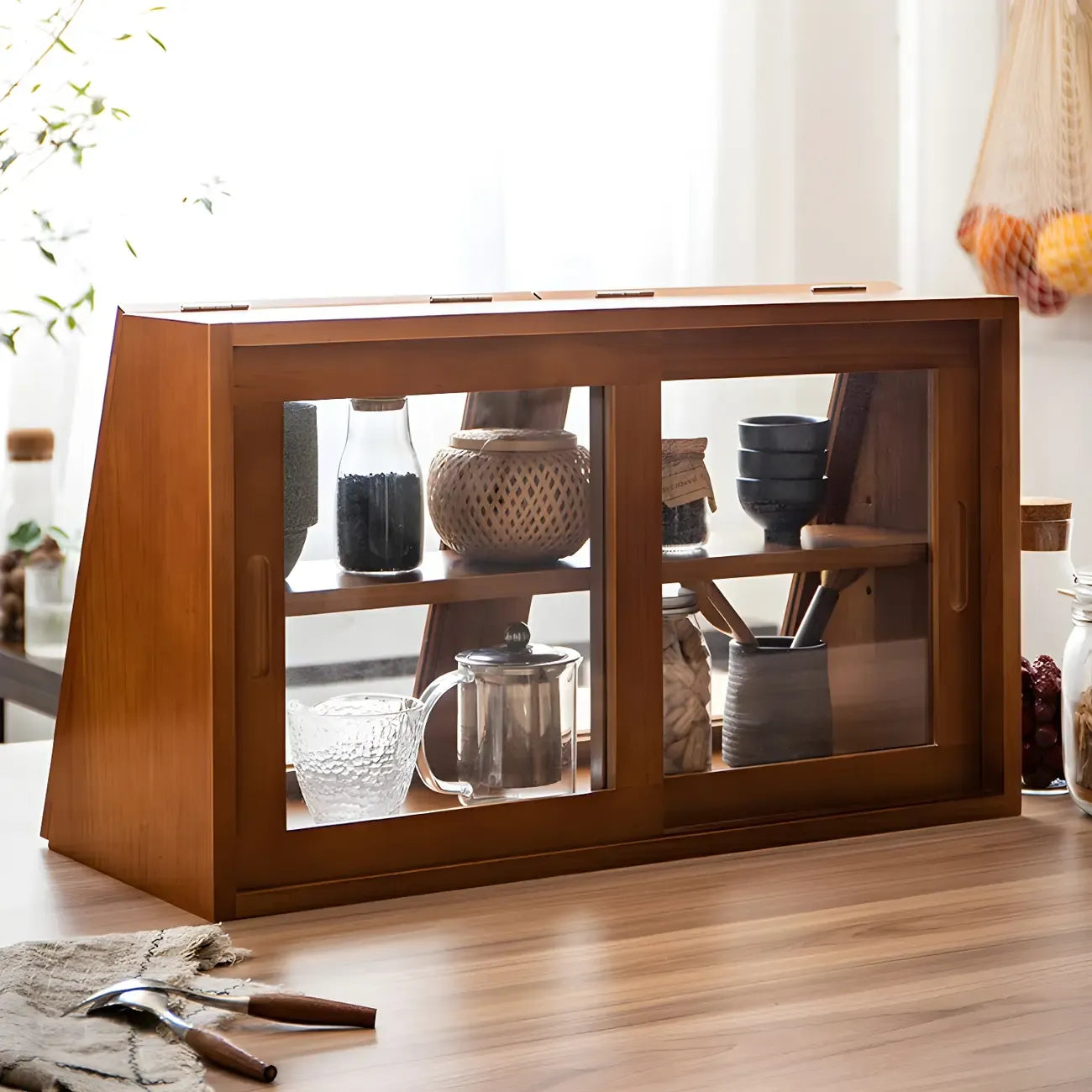 Wooden Ladder Display Cabinet with Sliding Glass Doors