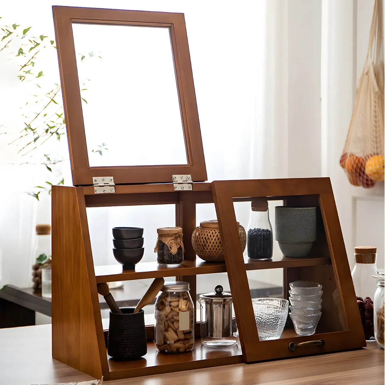 Wooden Ladder Display Cabinet with Sliding Glass Doors