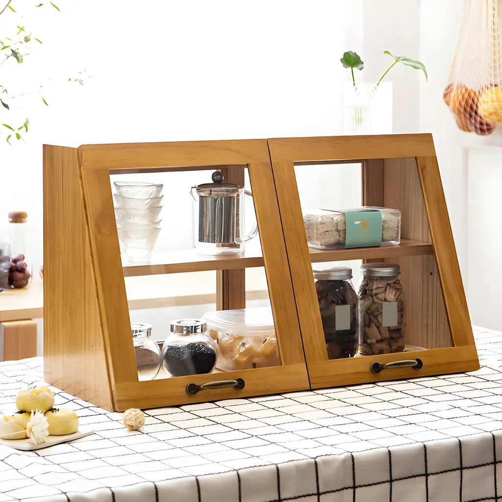 Wooden Ladder Display Cabinet with Sliding Glass Doors