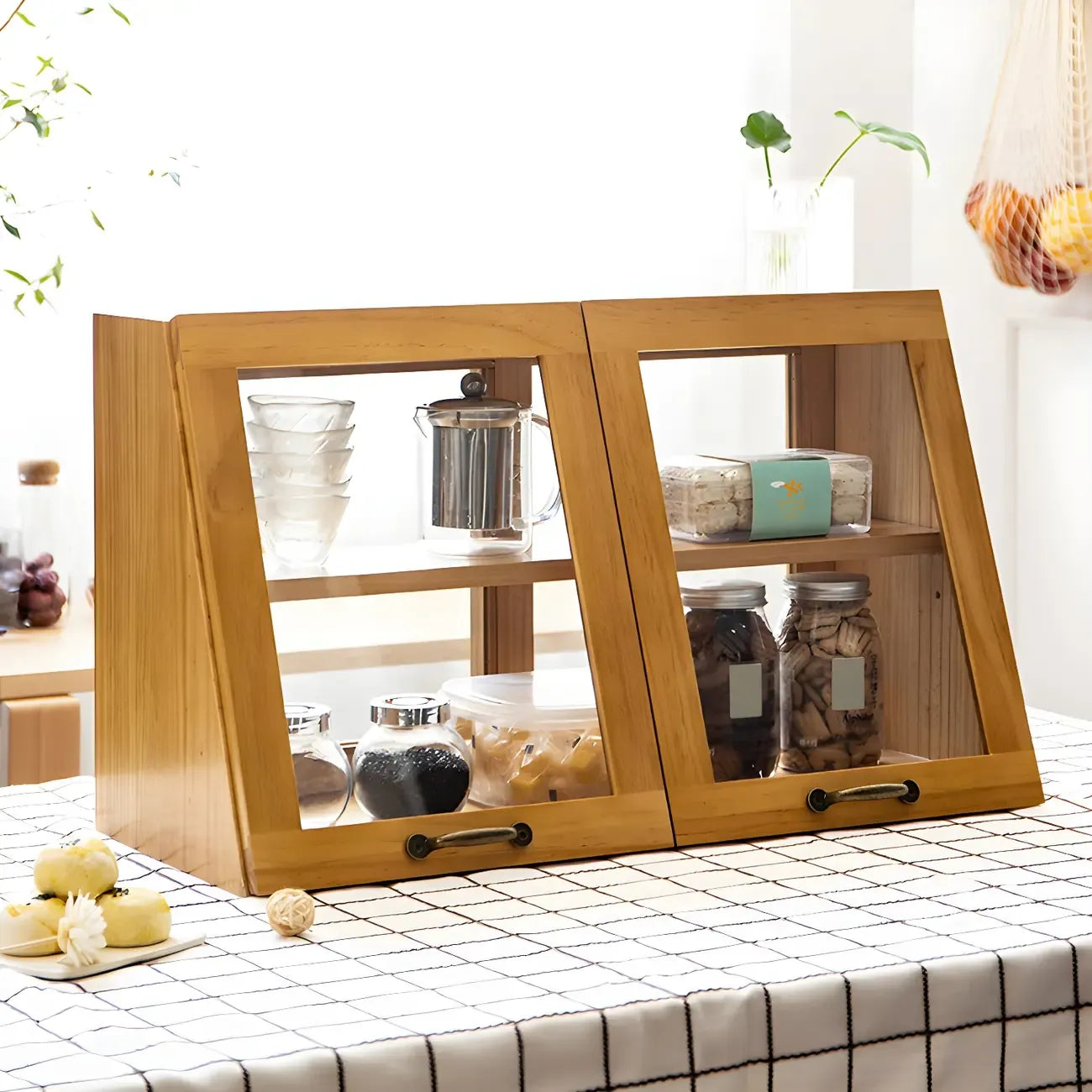 Wooden Ladder Display Cabinet with Sliding Glass Doors