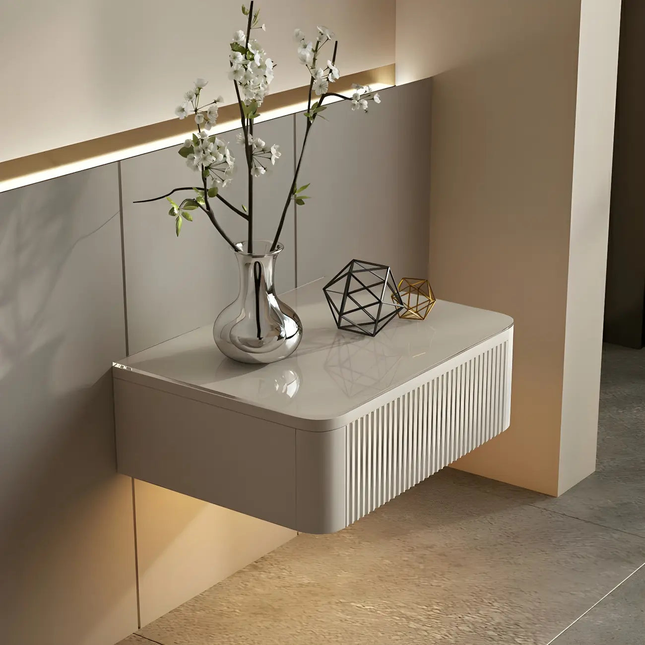 Modern Grey Wood Floating Nightstand with Glass Top