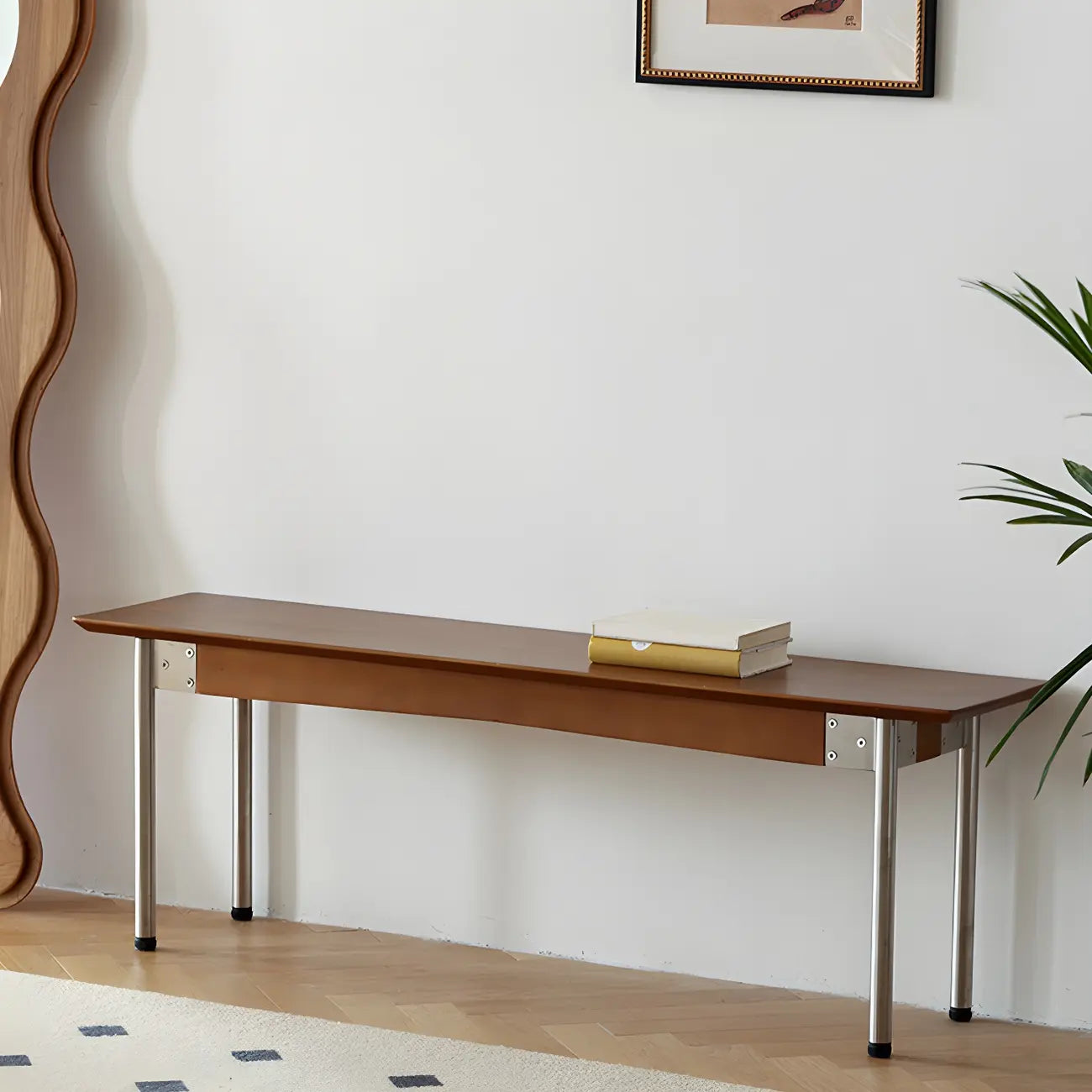 Scandinavian Long Brown Wooden Bedroom Bench