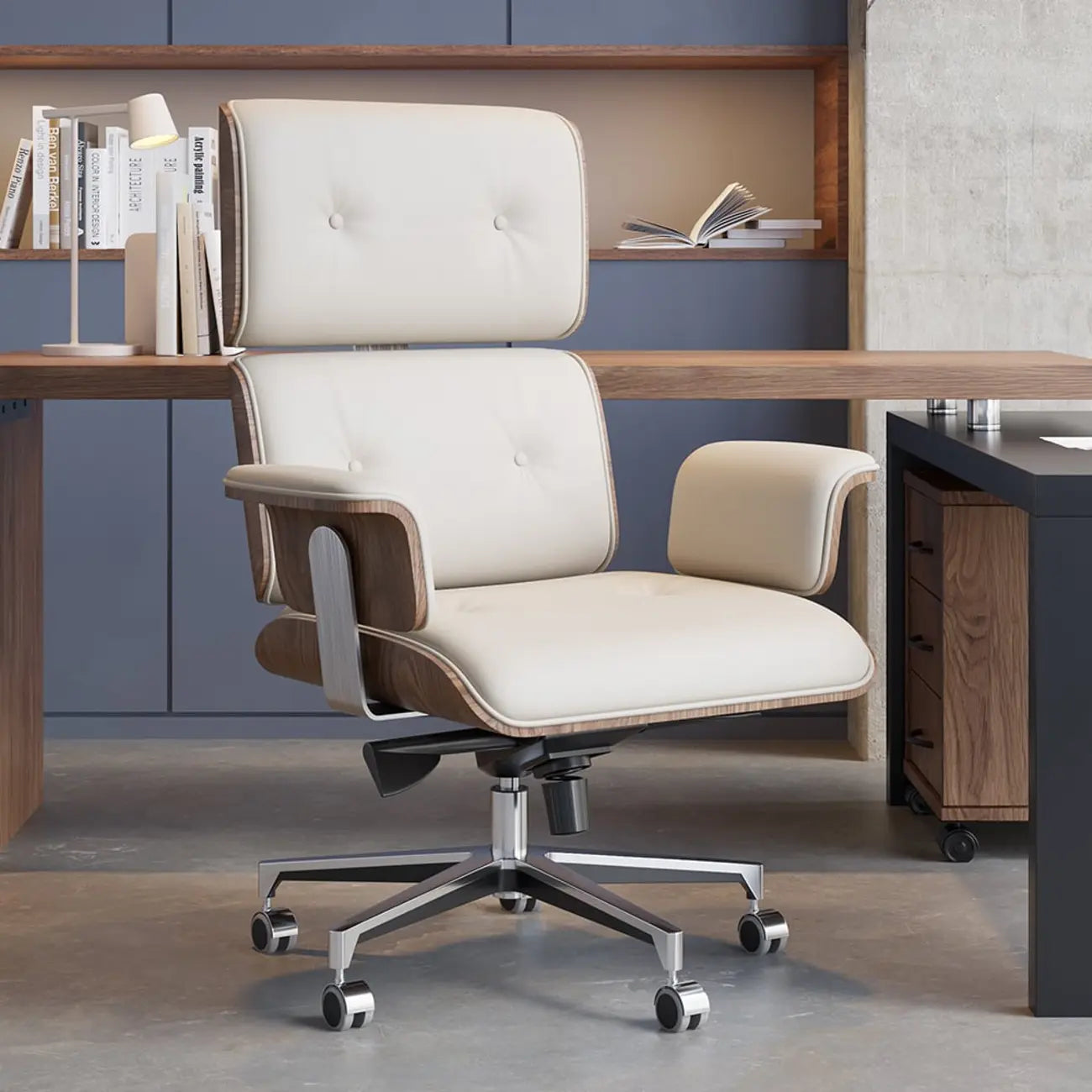 Modern Wood Leather Adjustable Swivel Black Executive Chair