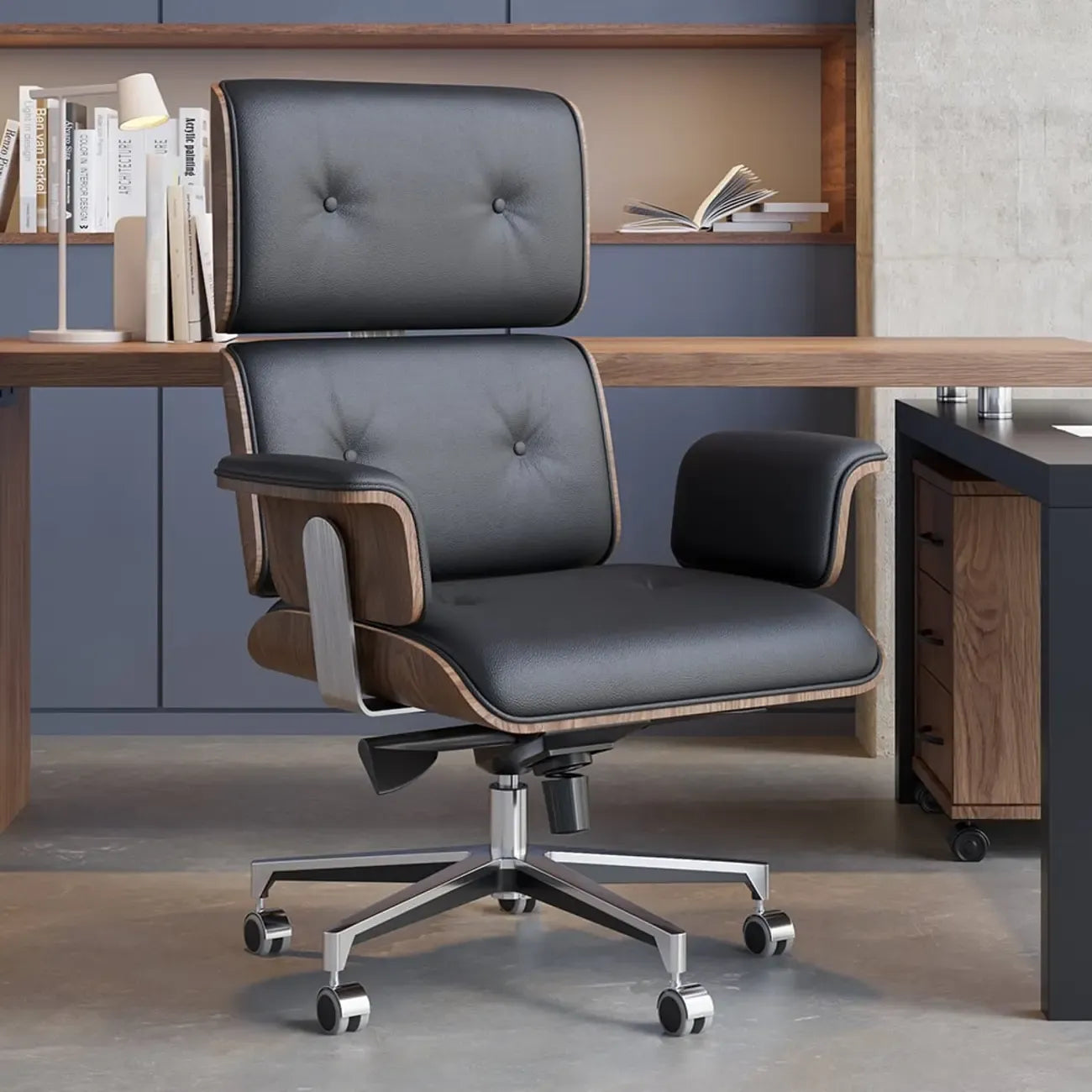 Modern Wood Leather Adjustable Swivel Black Executive Chair